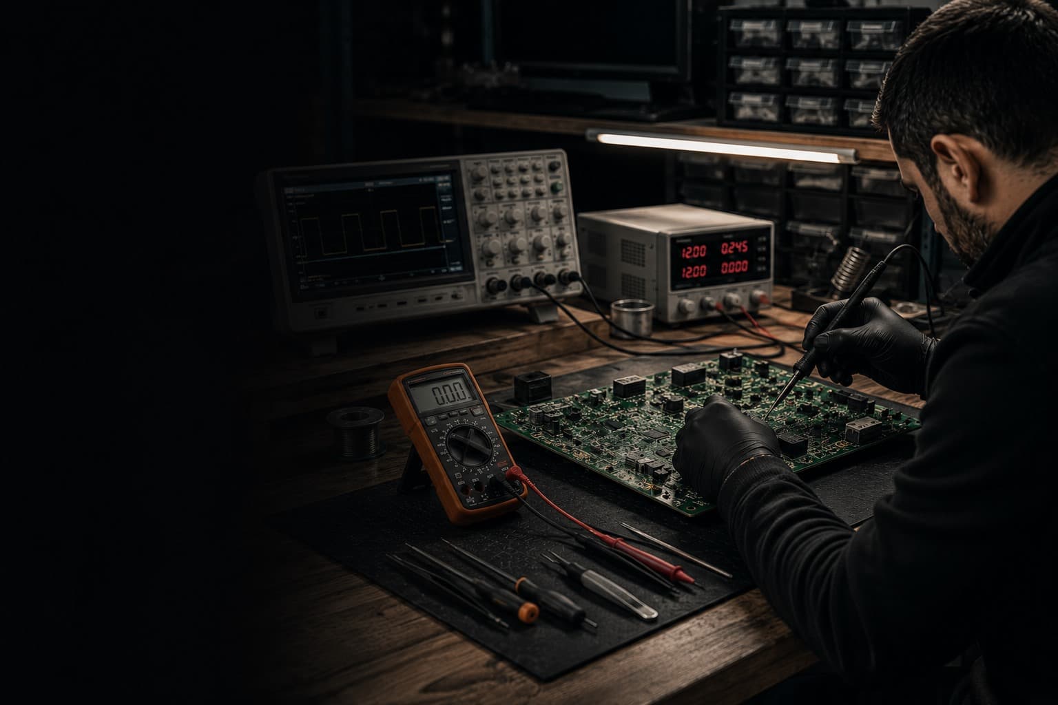Uslu Elektronik atölyesinde elektronik kart üzerinde çalışan teknisyen